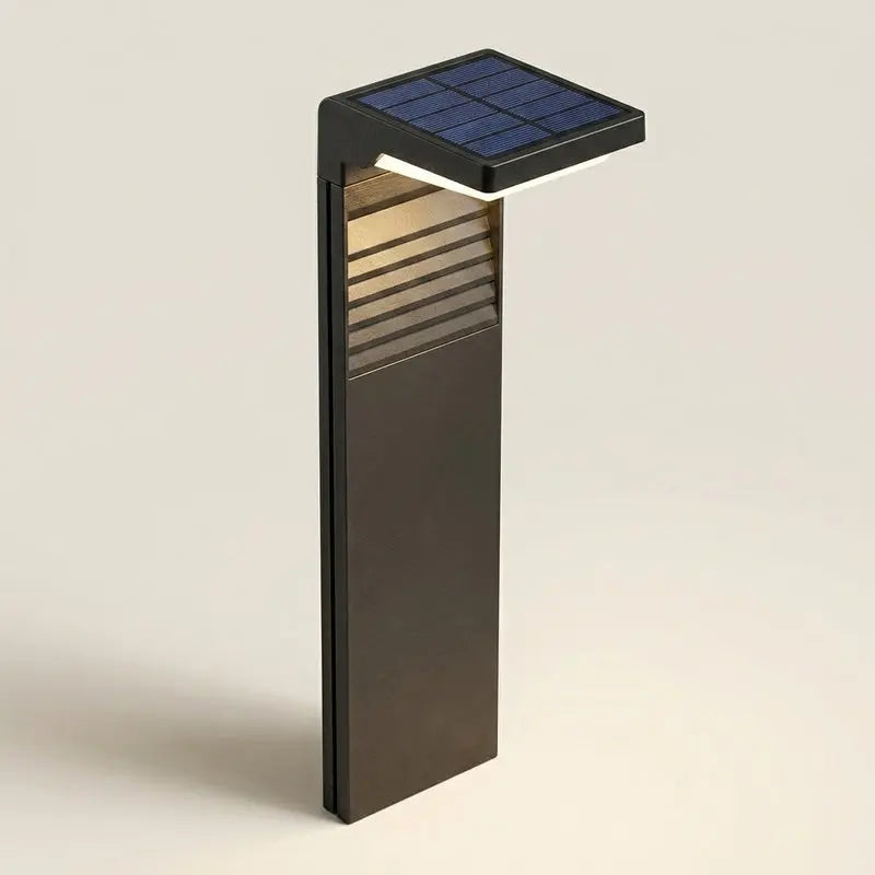 Solar-powered outdoor lamp with a rectangular design on a light beige background