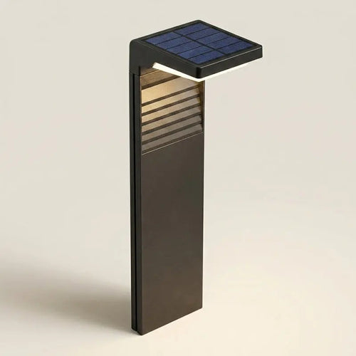 Solar-powered outdoor lamp with a rectangular design on a light beige background