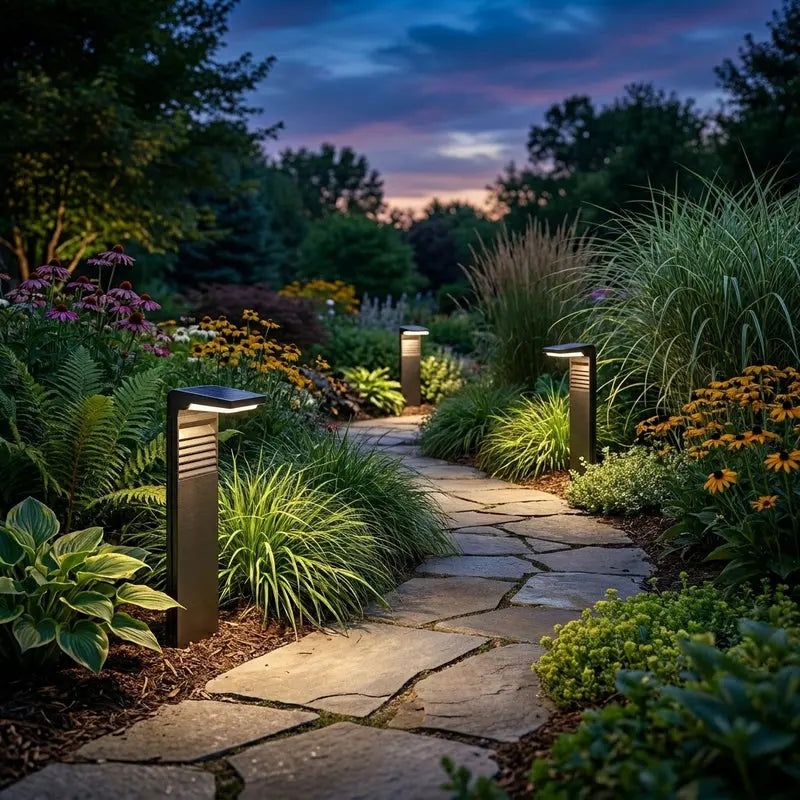 Garden pathway with decorative lights and evening sky