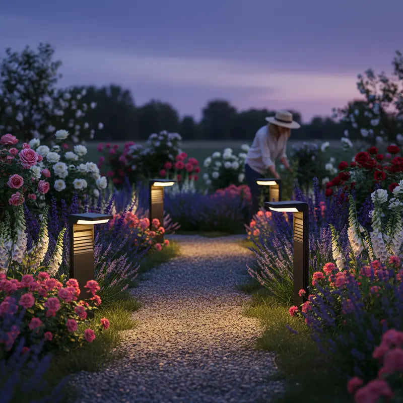 Garden pathway with flowers and illuminated lanterns at dusk