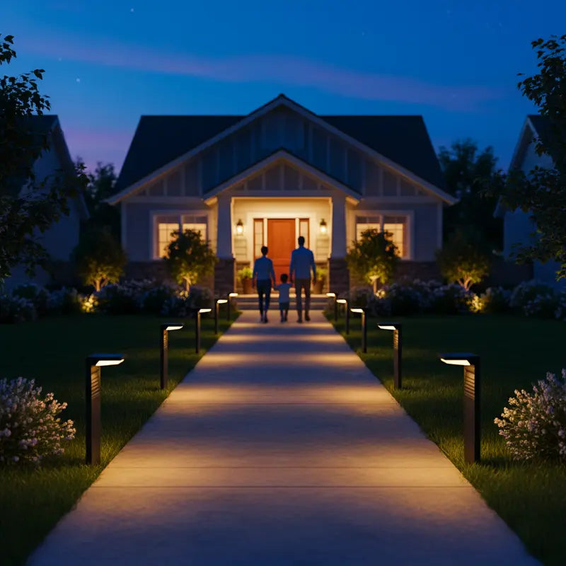 Family walking towards a house at night with illuminated pathway