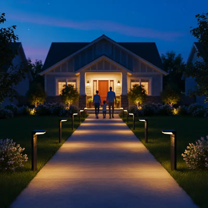Family walking towards a house at night with illuminated pathway
