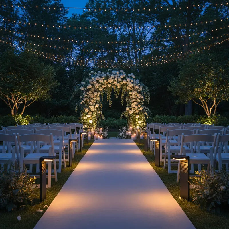 Evening outdoor wedding setup with floral arch, string lights, and white chairs.