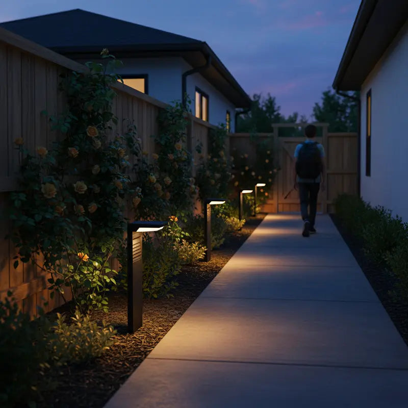 Person walking along a illuminated pathway at night with decorative lighting.