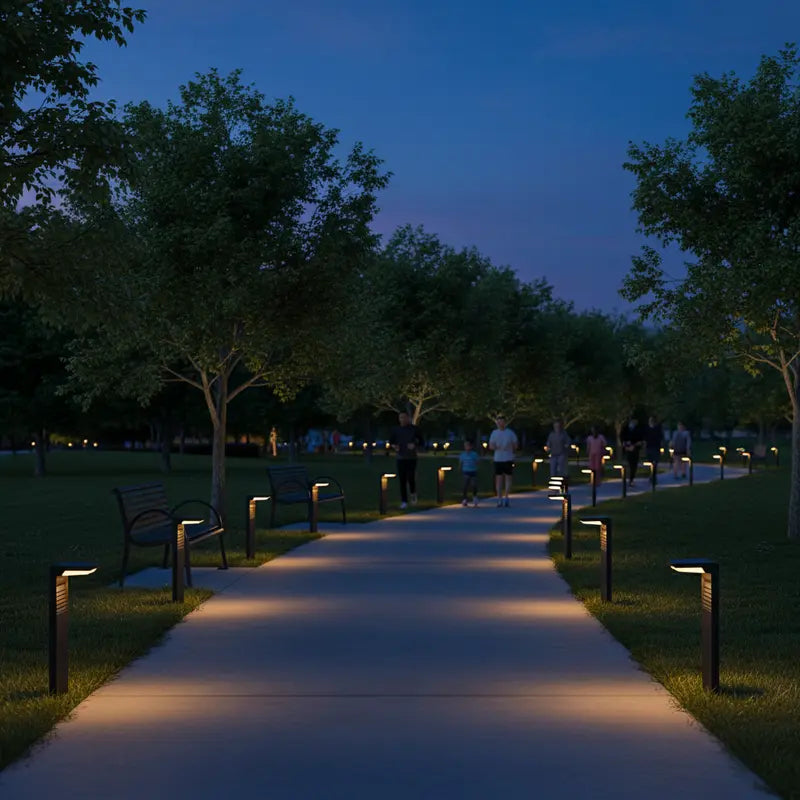 Evening park scene with illuminated pathways and benches