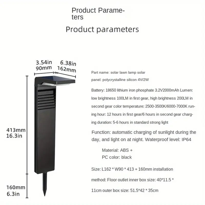 Solar lawn lamp with dimensions and technical specifications on a white background
