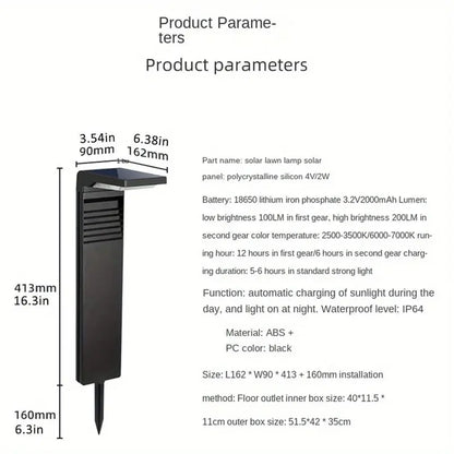 Solar lawn lamp with dimensions and technical specifications on a white background
