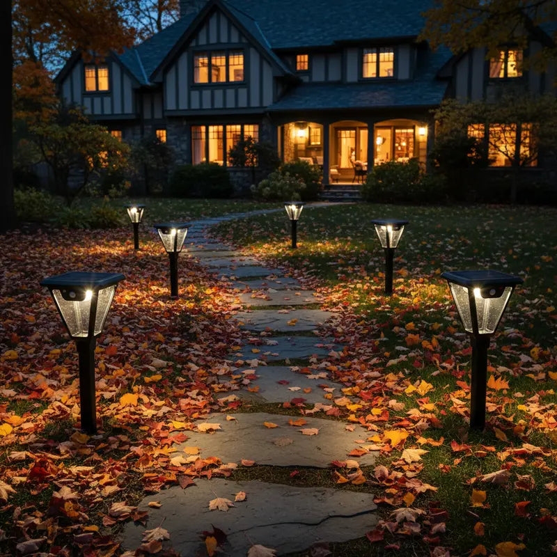 Solar-powered outdoor lights illuminating a pathway in front of a house at night.