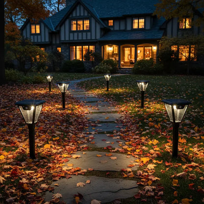 Solar-powered outdoor lights illuminating a pathway in front of a house at night.