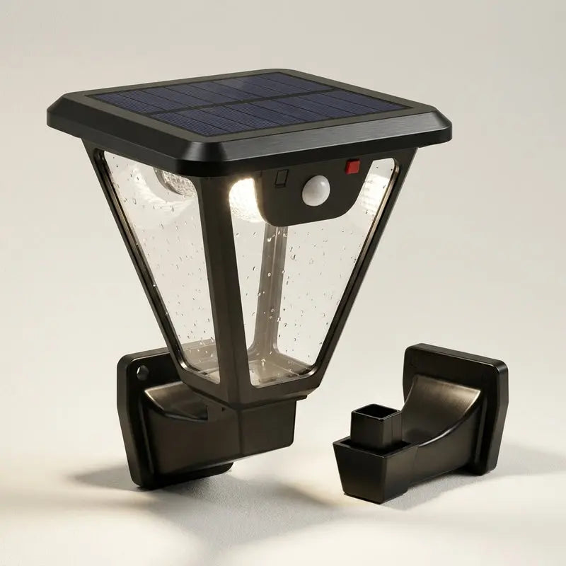 Solar-powered outdoor light with motion sensor on a neutral background