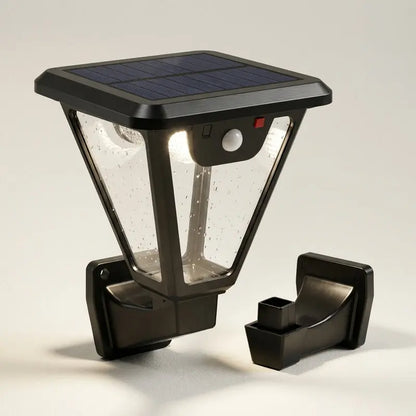 Solar-powered outdoor light with motion sensor on a neutral background