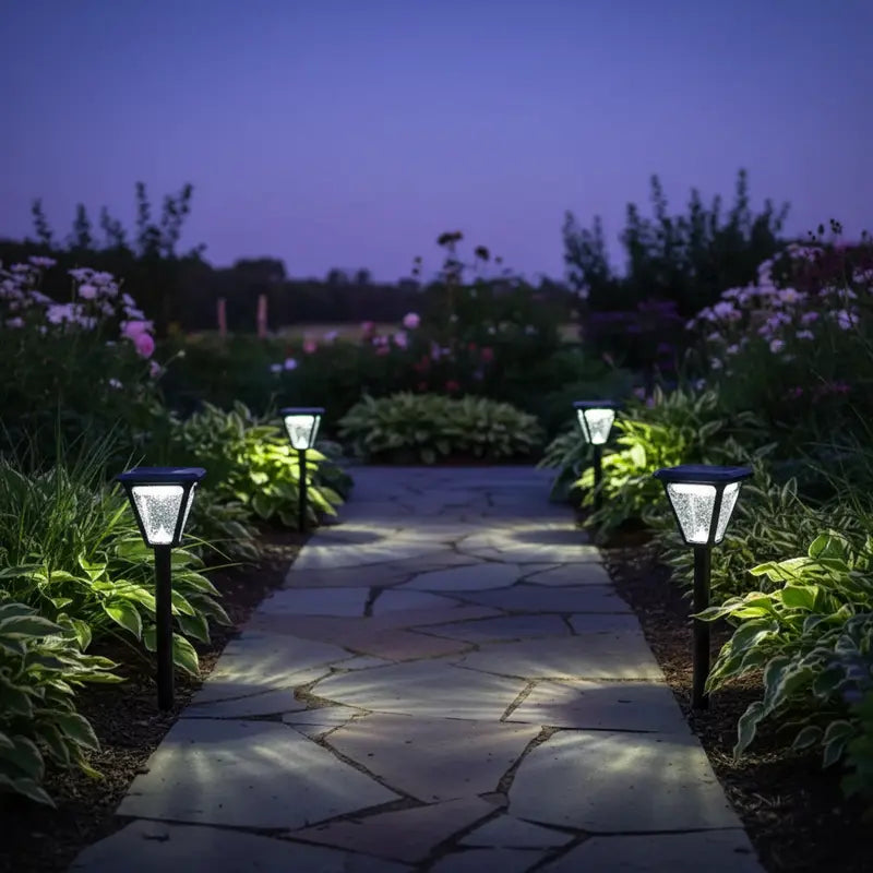 Garden pathway illuminated by solar lights at night