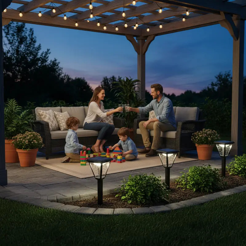 Family and children enjoying a evening outdoors on a patio with string lights and outdoor furniture.