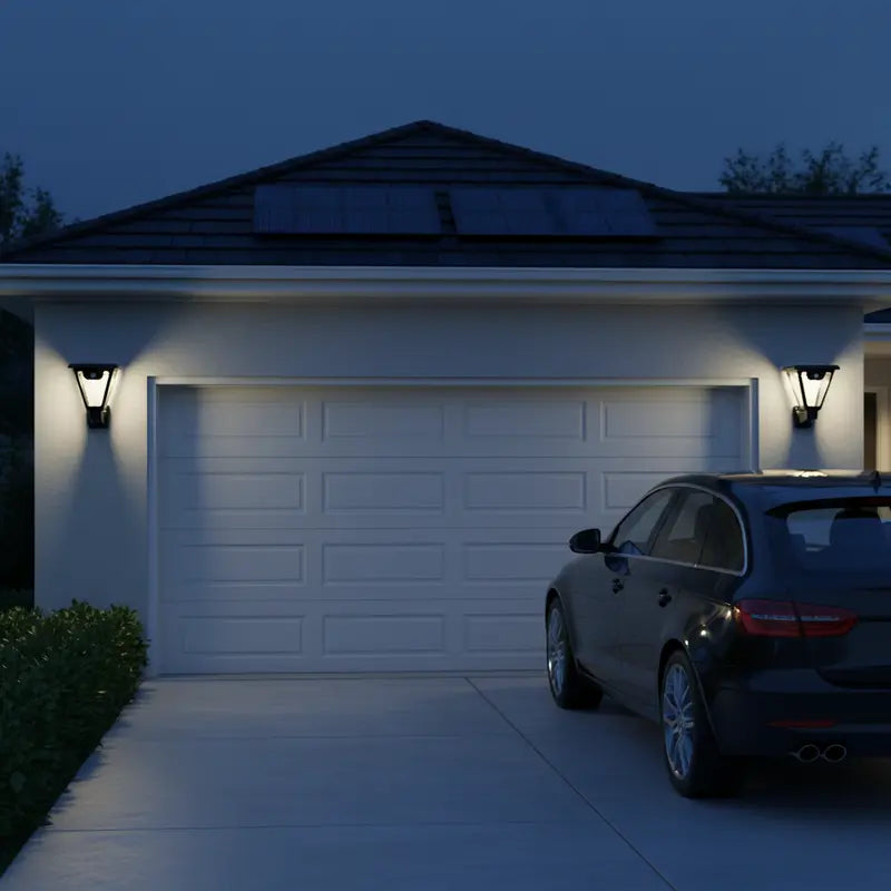 Car parked in front of a garage at night with lights on