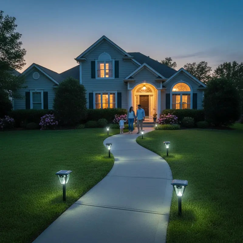 Family walking towards a house with illuminated pathway lights at dusk