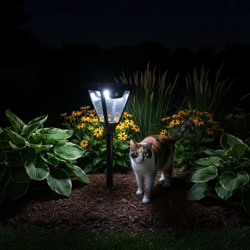 Cat standing in a garden illuminated by a solar lamp at night