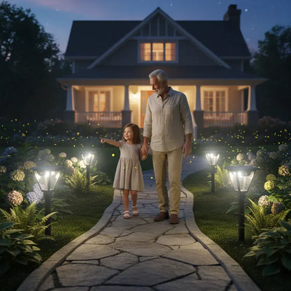Man and young girl walking on a stone path in a garden at night with a house in the background.