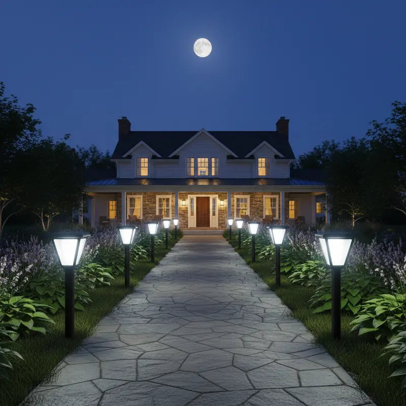 Stately home at night with a moonlit sky and well-lit pathway.