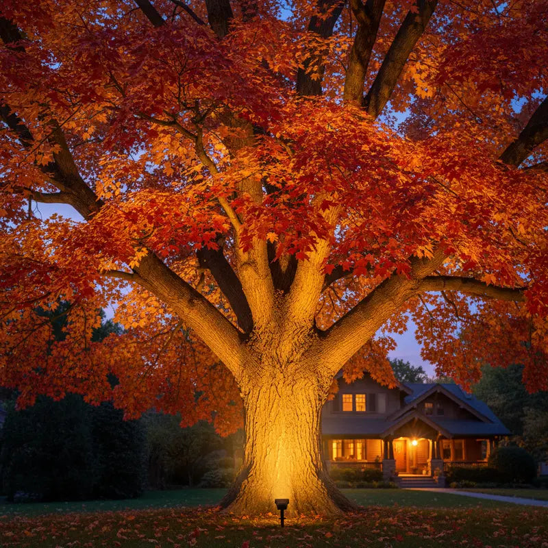 Large tree with orange leaves illuminated by a light at night, with a house in the background.
