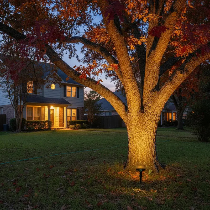 Tree with autumn leaves illuminated by outdoor lights in a residential area
