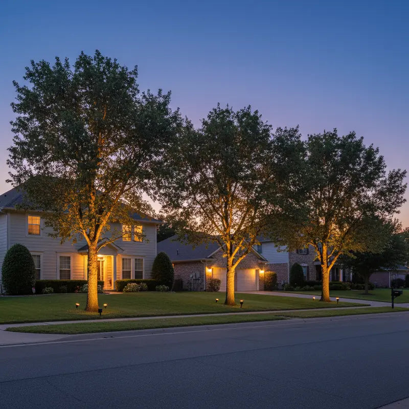 Suburban street at dusk with houses and trees illuminated by lights.