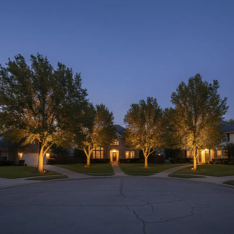 Suburban house at dusk with trees and driveway