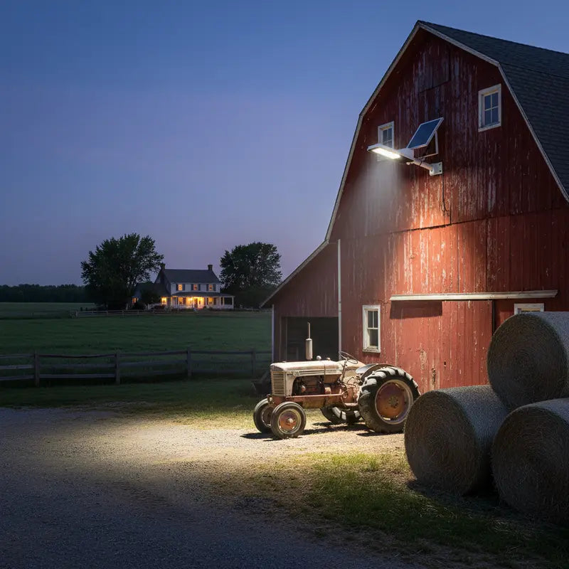 Red barn with a vintage tractor and hay bales at night.