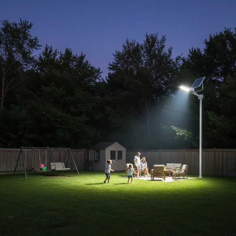 Family gathered under a solar-powered streetlight in a backyard at night.