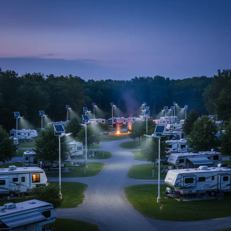 RV park at night with illuminated pathways and trees in the background