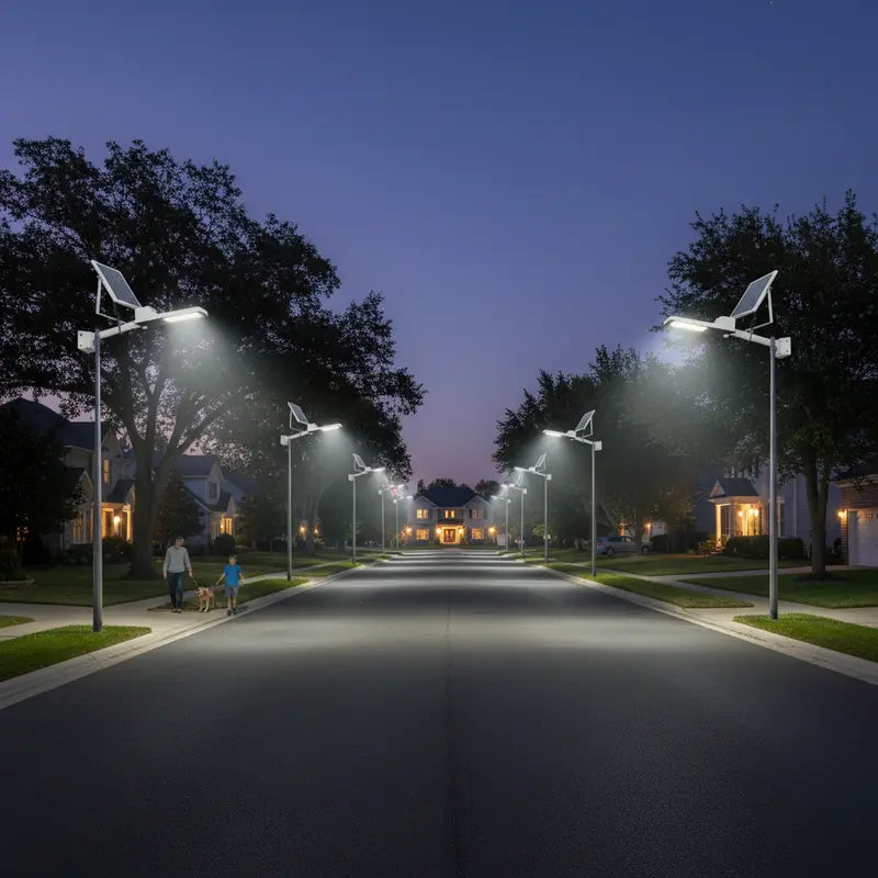 Street scene with illuminated streetlights in a residential area at night.