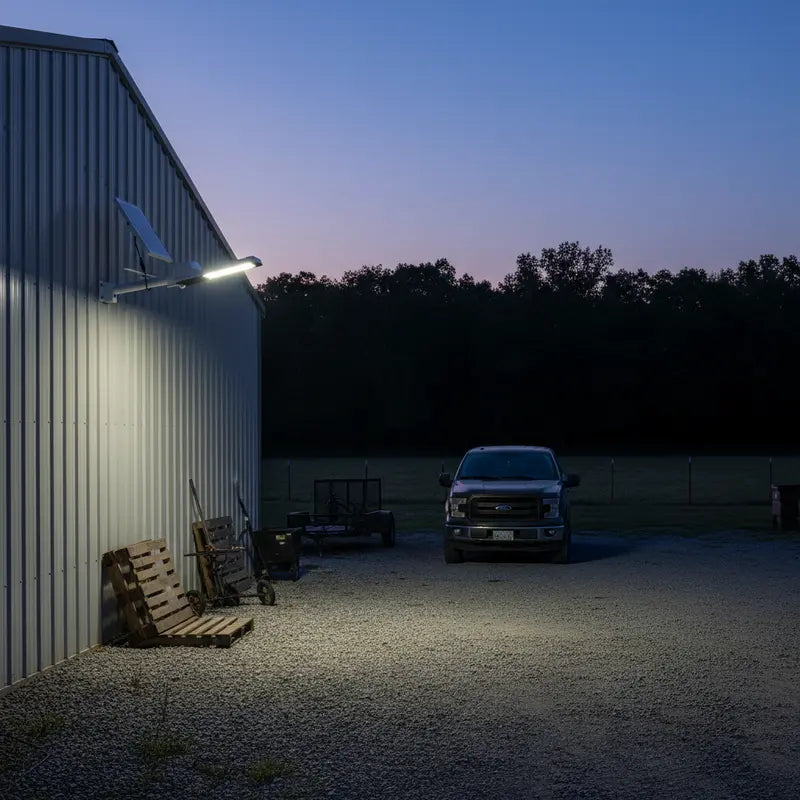 Truck parked outside a building with a solar panel on the roof at night.