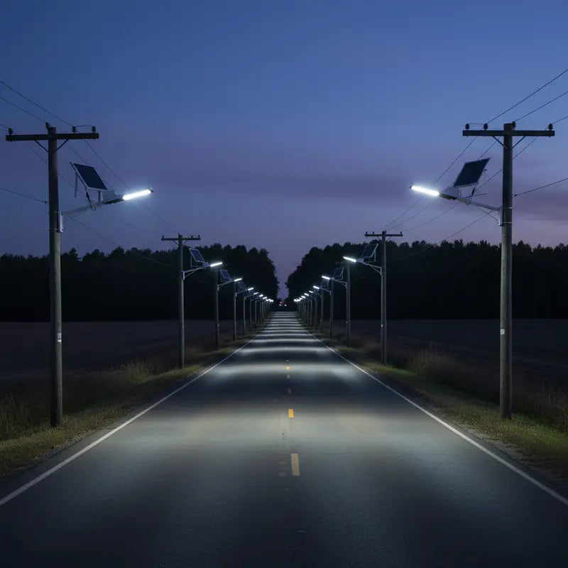 Long, straight road at night with illuminated streetlights on either side.
