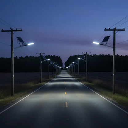 Long, straight road at night with illuminated streetlights on either side.