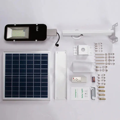 Solar light components including a solar panel, LED light bulb, and mounting hardware on a white background.
