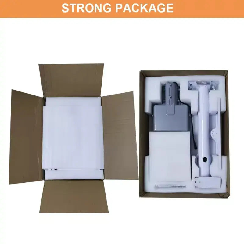 Product packaging with a cardboard box and foam inserts on a white background.
