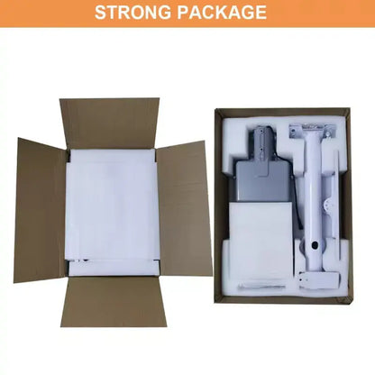 Product packaging with a cardboard box and foam inserts on a white background.