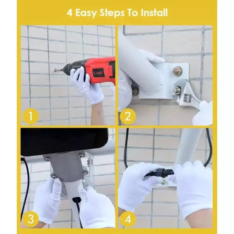 Step-by-step installation guide with a drill and hands wearing gloves against a tiled wall.