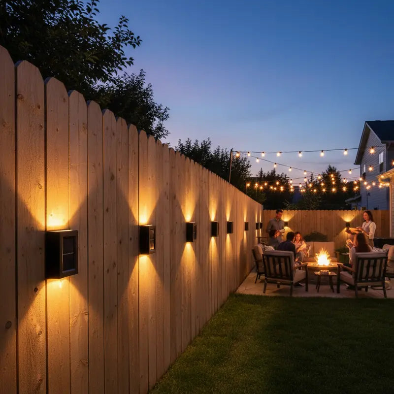 Outdoor evening setting with wooden fence, string lights, and people sitting around a fire pit.