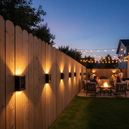 Outdoor evening setting with wooden fence, string lights, and people sitting around a fire pit.