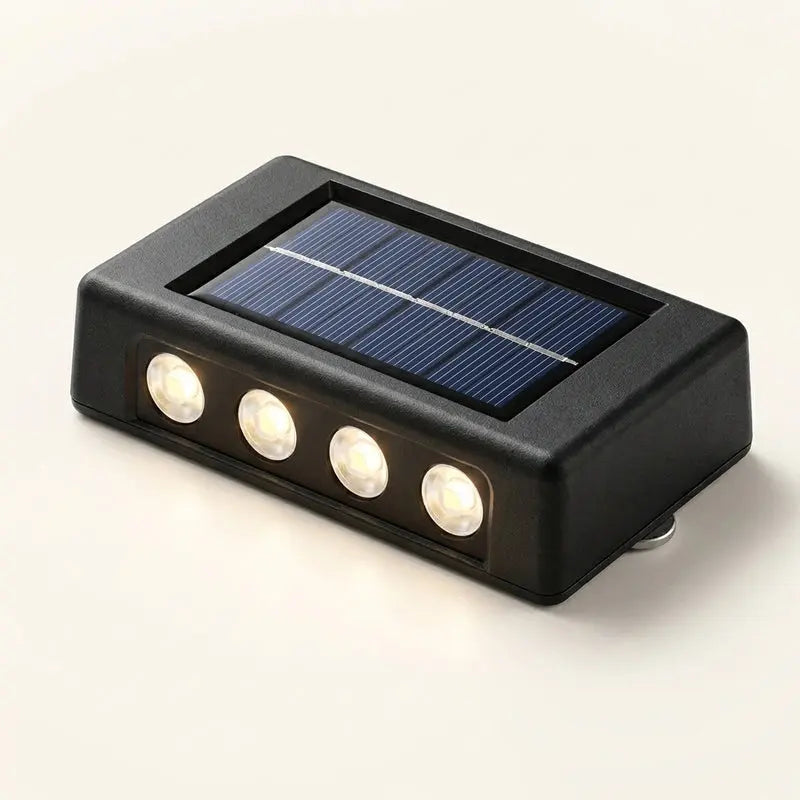 Solar-powered outdoor light with four LED lights on a beige background