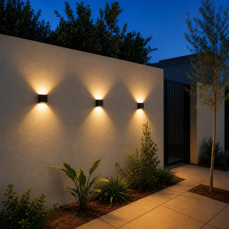 Modern outdoor wall lights on a concrete wall with plants and a pathway.