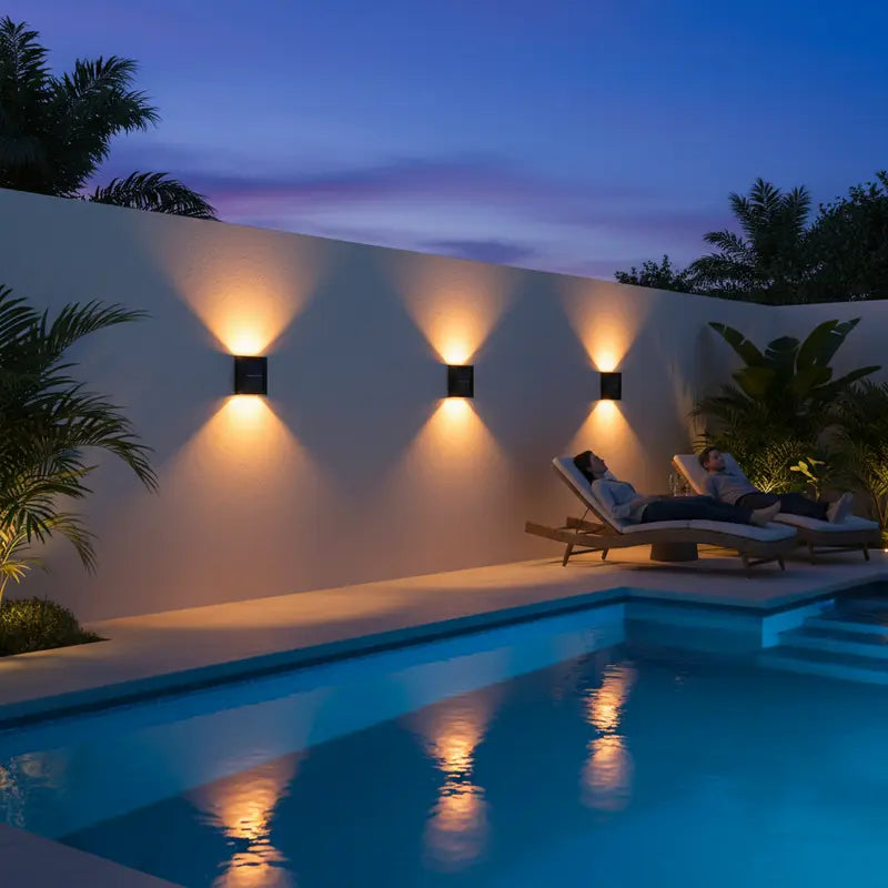 Two people relaxing by a pool at night with wall lights and palm trees.