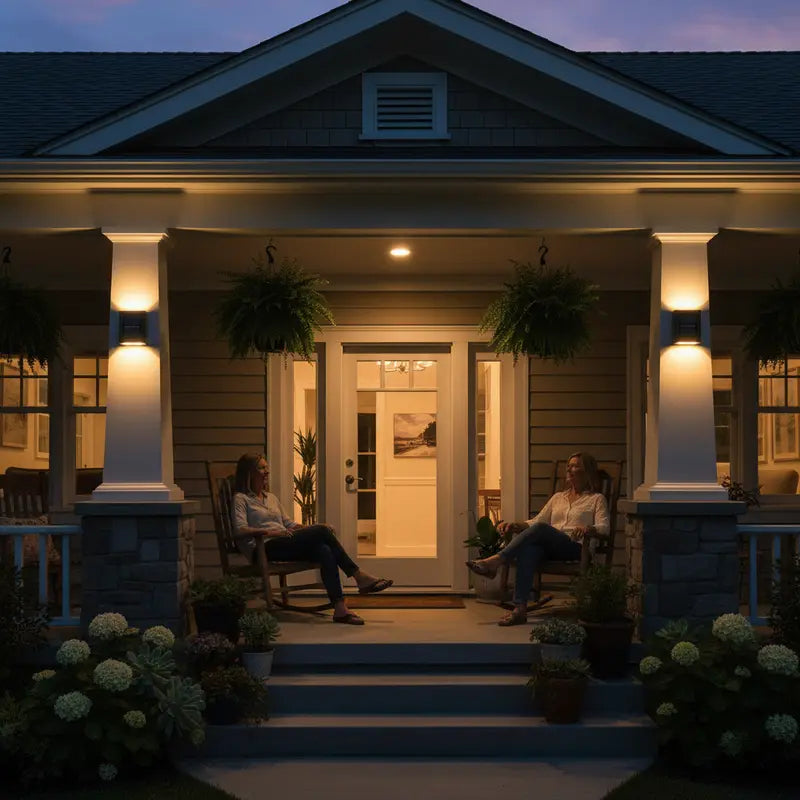 Two people sitting on a porch at night with porch lights on