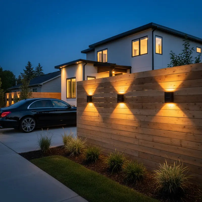 Modern house exterior with wooden wall and car parked outside at night.