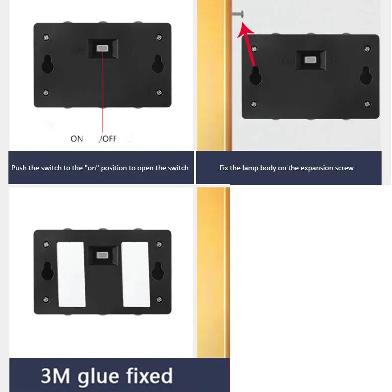 Instructions for mounting a black lamp body with a switch on a white background.