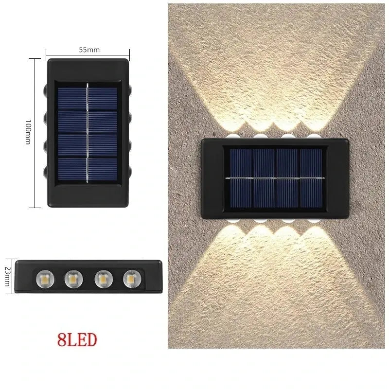 Solar wall light with dimensions and LED count on a textured wall background