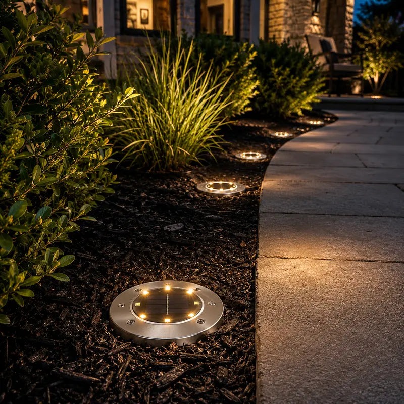 Solar-powered outdoor lights illuminating a garden pathway at night.