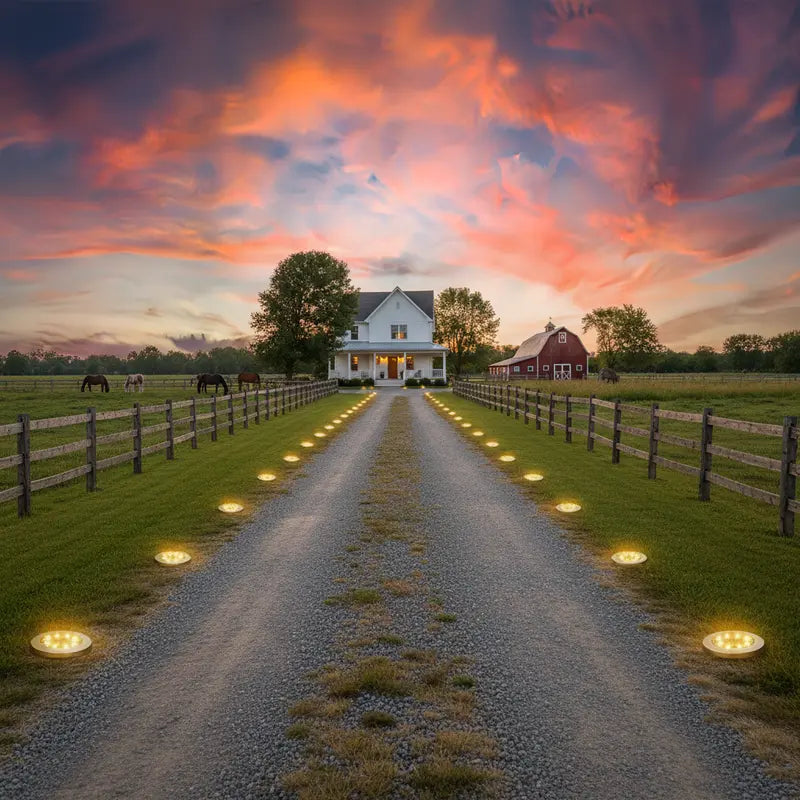 Gravel driveway leading to a white house with a red barn under a vibrant sunset sky.