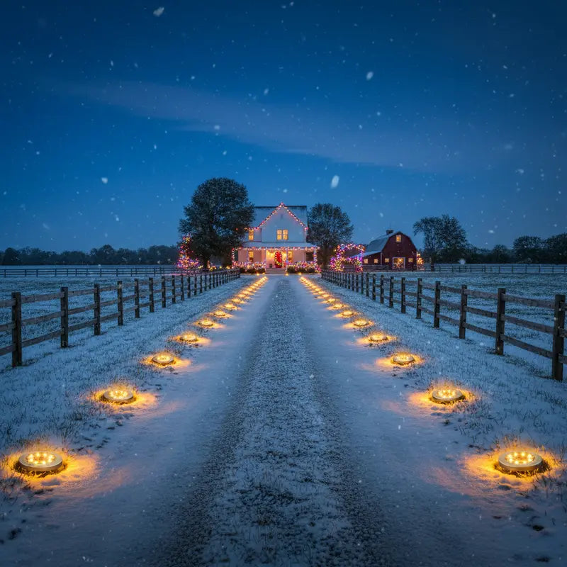 Snowy rural road with illuminated candles leading to a barn at night