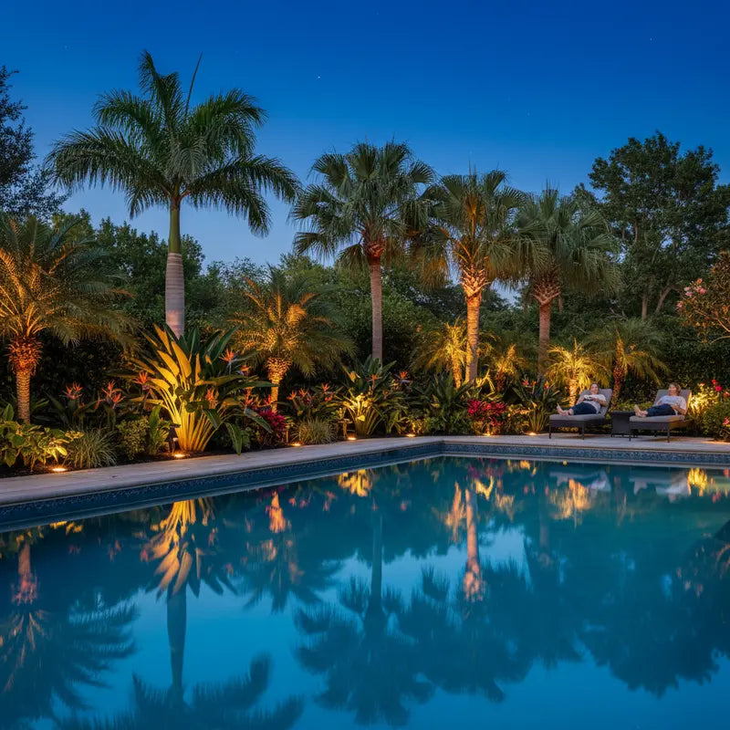 Pool area with palm trees and garden lights at night